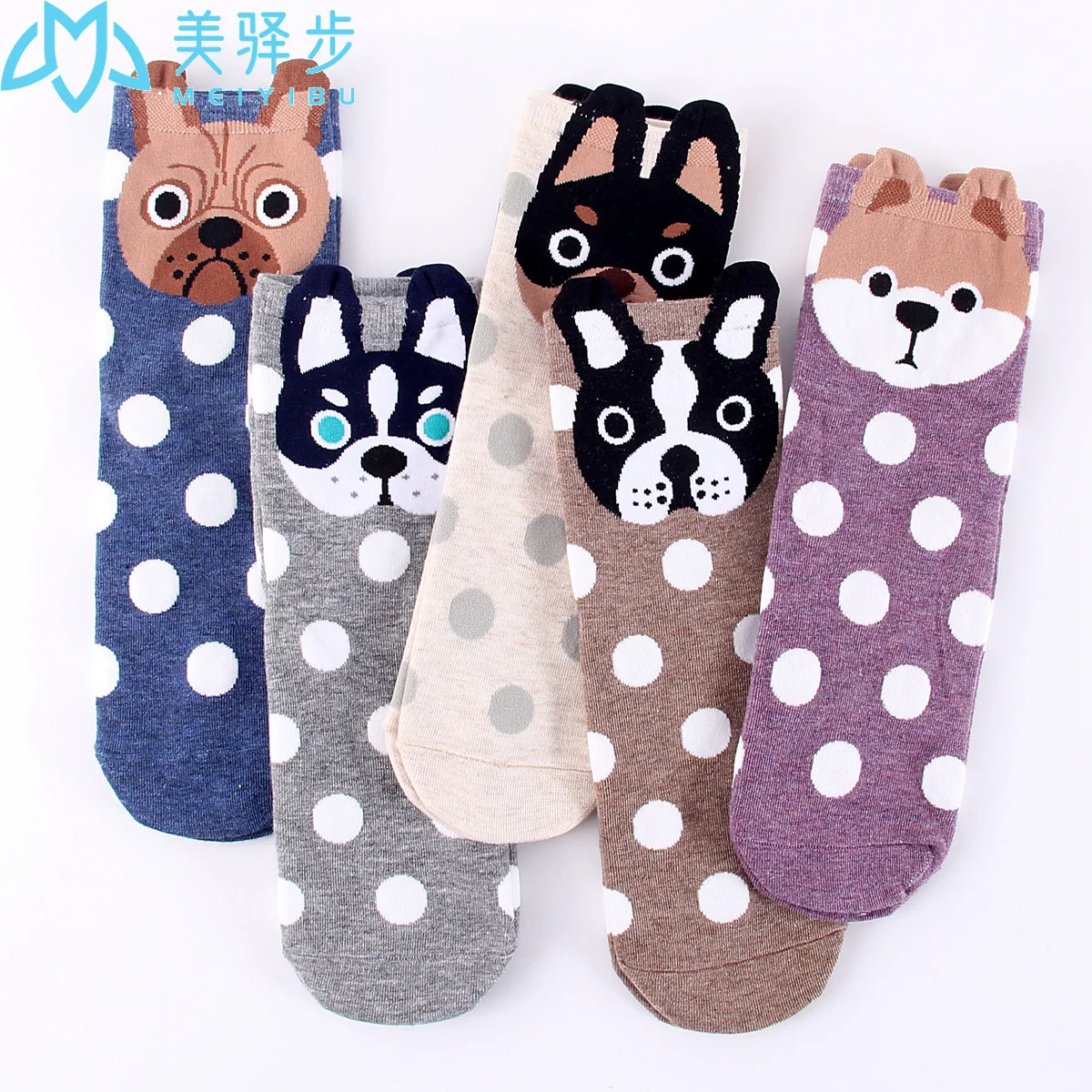 12 Pcs Per Set Fashion New Cute Dog Comfortable Polka Dot Female Socks Korean Version Cartoon Socks Female Factory