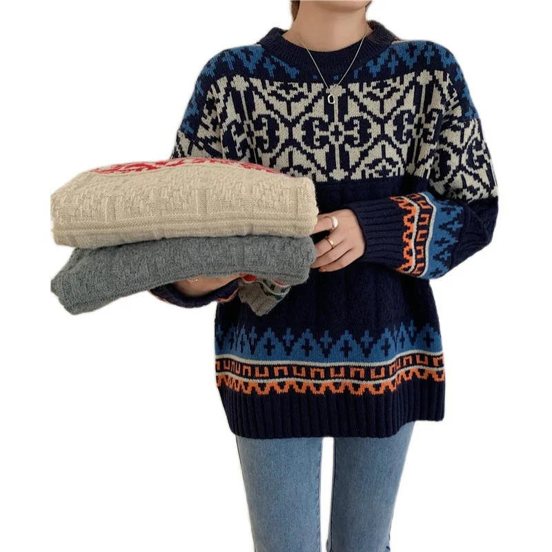 

National style retro big sweater women wear loose-fitting hooded Christmas lazy knit sweater tops in autumn and winter