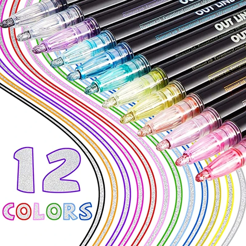 

8/12pc Double Line Outline Metallic Marker Pens Color Graffiti Painting DIY Pen 1XCB