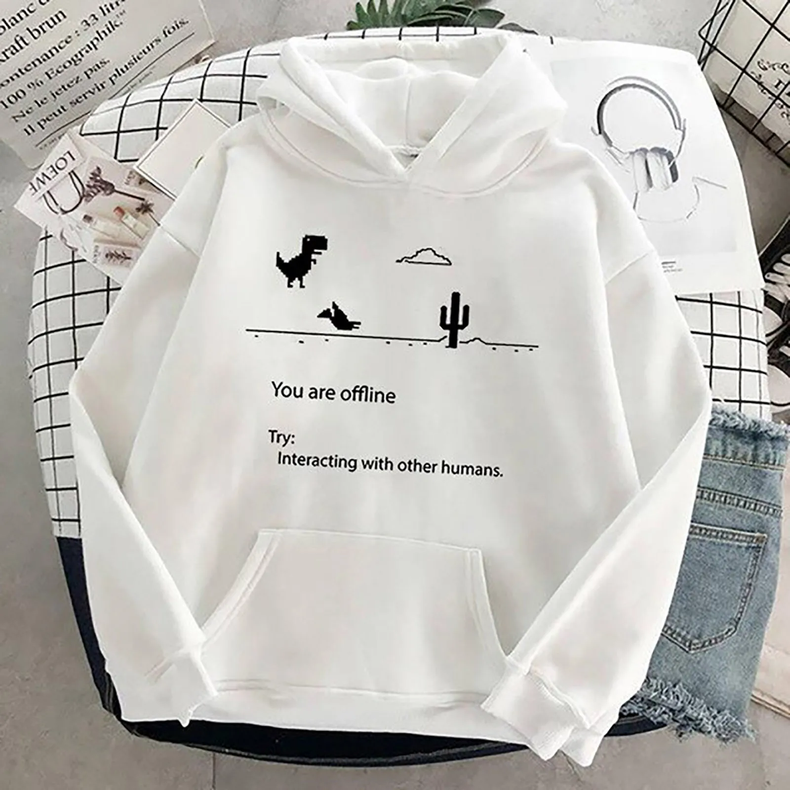 3color Oversized Korean Women Hooded Dinosaur Printed Sweatshirt Long Sleeve Casual Pullover Shirt Couple Wearтолстовка