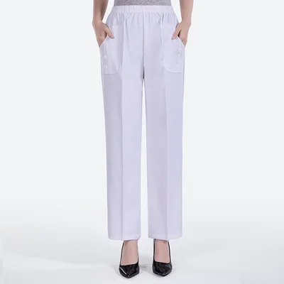 

Женские брюки размера плюс 5XL, новые летние эластичные повседневные брюки с высокой талией для пожилых людей среднего возраста, хлопковые л...