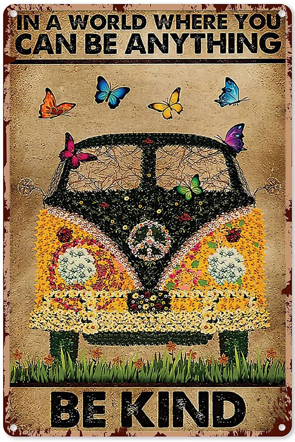

Hippie Metal Wall Art Hippie Bus Butterfly Be Kind Paper Poster,Metal Tin Sign 12x16 inch