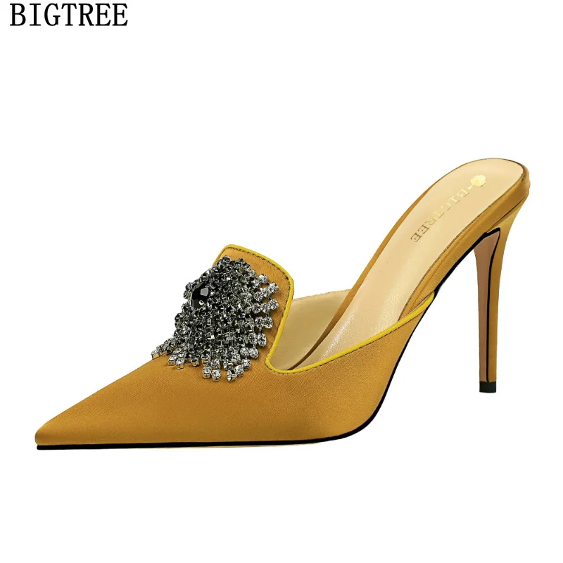 

Мюли женские, тапочки на каблуке, туфли-лодочки, высокий каблук, хрустальные шлепанцы, лето 2022