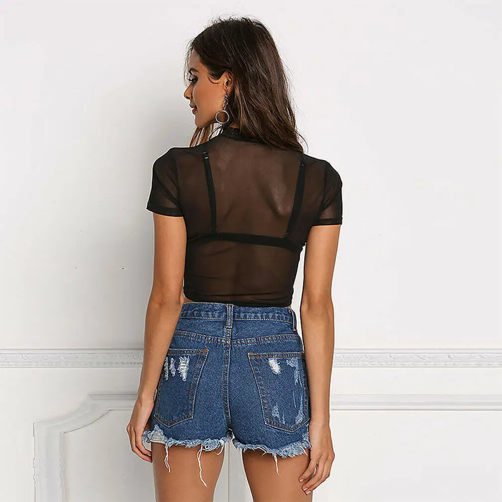 Модная женская прозрачная сетчатая пикантная футболка с коротким рукавом и