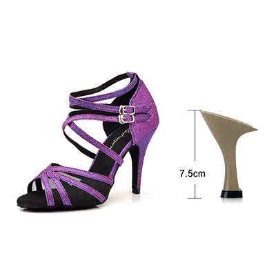 Purple 7.5cm Ladingwu/туфли для латинских танцев фиолетовая ткань для вспышки, размеры США 3,5-12, 10 см, высота каблука, профессиональная танцевальная обувь для сальсы для женщин - Цвет: Purple 7.5cm