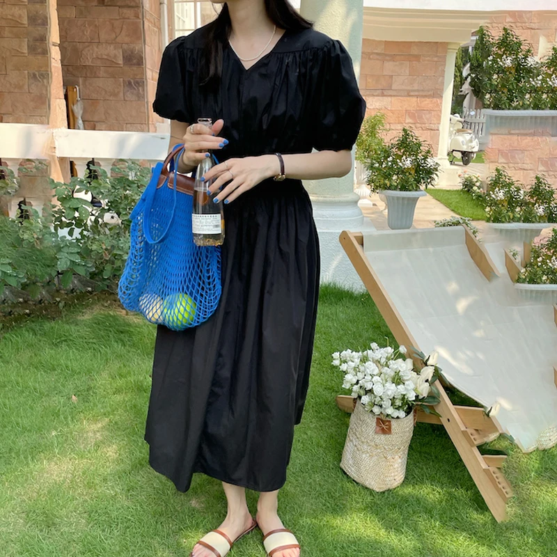 

ZAWAHIKI Korean Elegant Dress Women Summer V Neck Puff Sleeve Folds Design Elastic Slim Waist Solid Dress A-line Long Vestidos