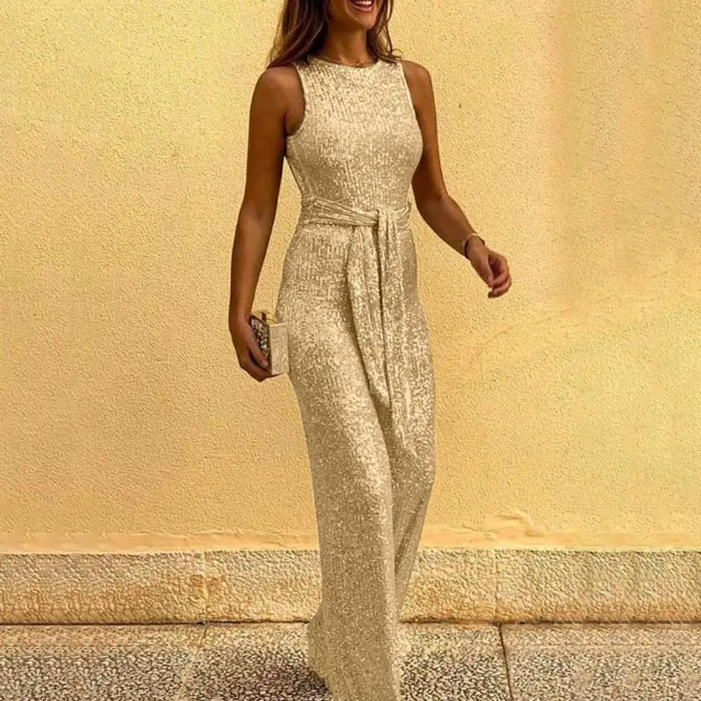 Модный женский комбинезон с поясом без рукавов 2020 летний однотонный