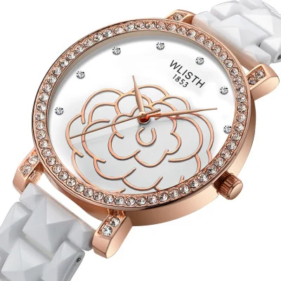 

New Waterproof Sports Women's Watch Ceramic Strap Rose Gold White Color of Rose Pattern Quartz Wrist Watch Gift reloj mujer 2020