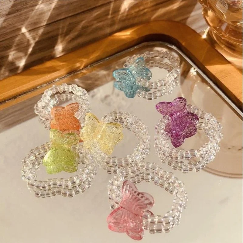 

Trendy Rings Colorful Transparent Acrylic Crystal Beads Butterfly Handmade Ring for Women Elastic Finger Ring Party Jewelry 2021