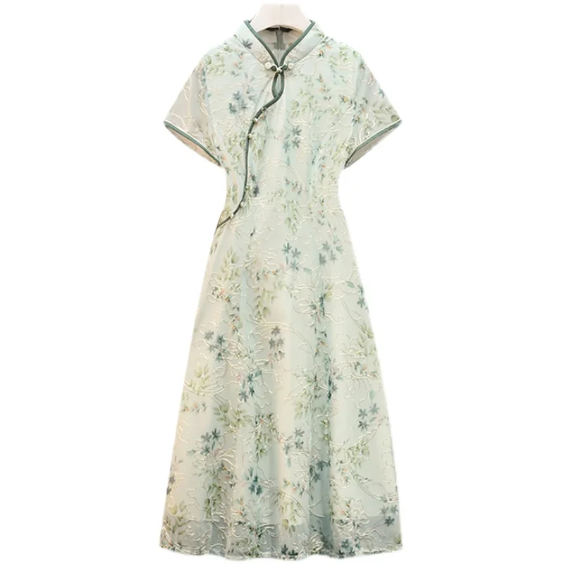 

Real photo 2021 summer new fat mm large women's fashion age reduced embroidery modified cheongsam dress 9531
