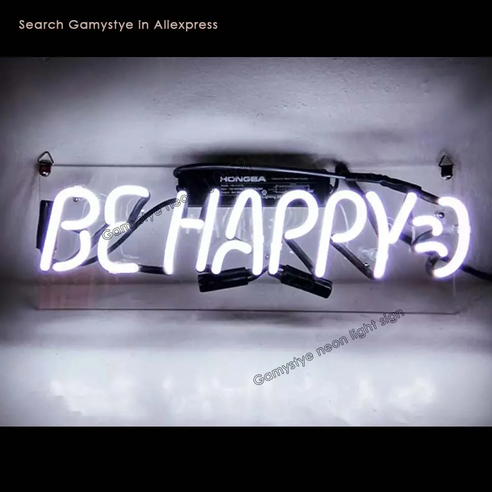 

BE HAPPY Letters Customized Glass Neon light sign aesthetic Wall room decor Cute decoration teenager led indie