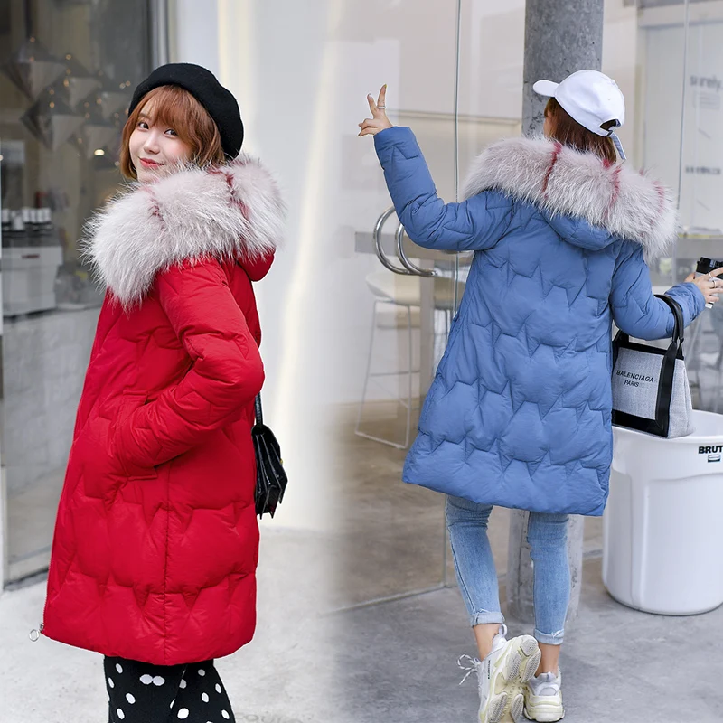 Женская длинная парка с воротником из искусственного меха на пуху х/б