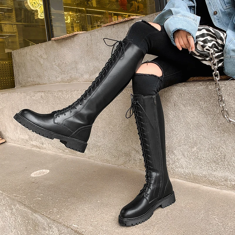 

MoonMeek 2021 new arrival women boots med heels round toe lace up winter knee high boots high quality ladies shoes