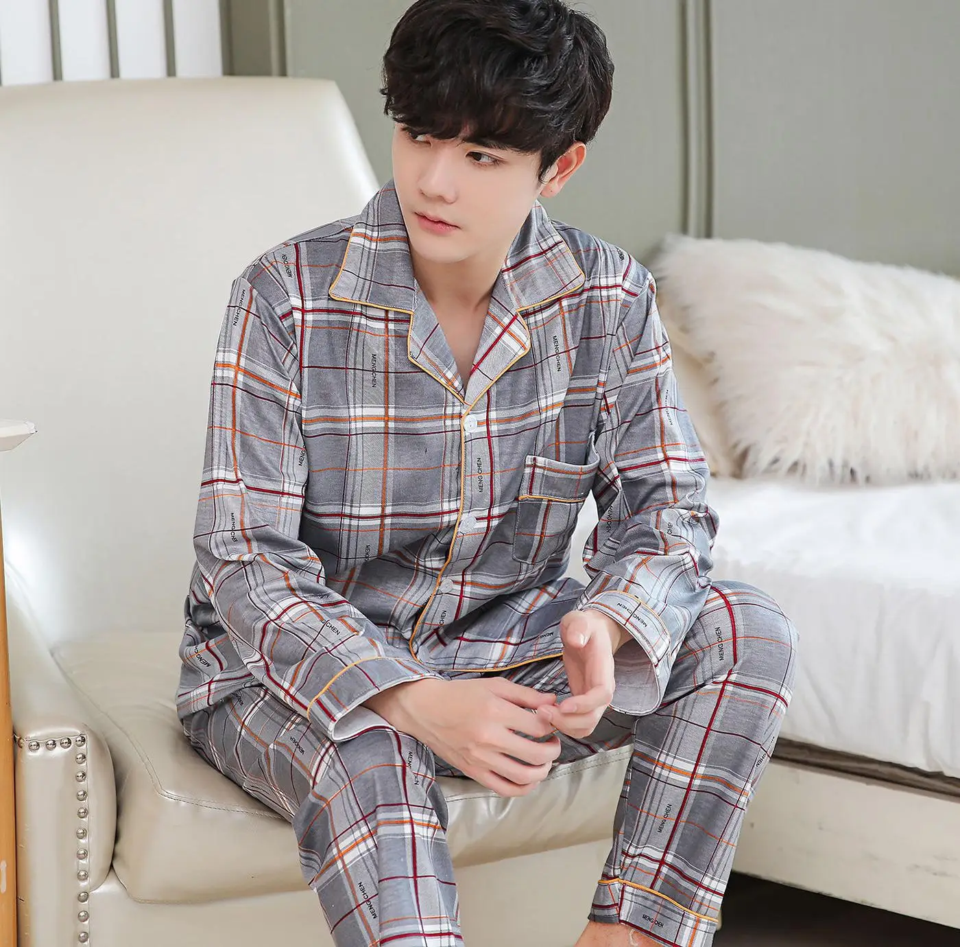 2pcs Sets Pure Cotton Men Pajamas Casual Plaid Long Sleeve Lapel Collar Sleepwear Spring Autumn Homewear Nightwear Home Clothing