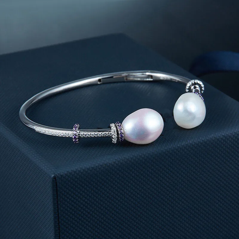 Женский браслет из серебра 925 пробы с фиолетовыми и белыми камнями|Гибкие жесткие