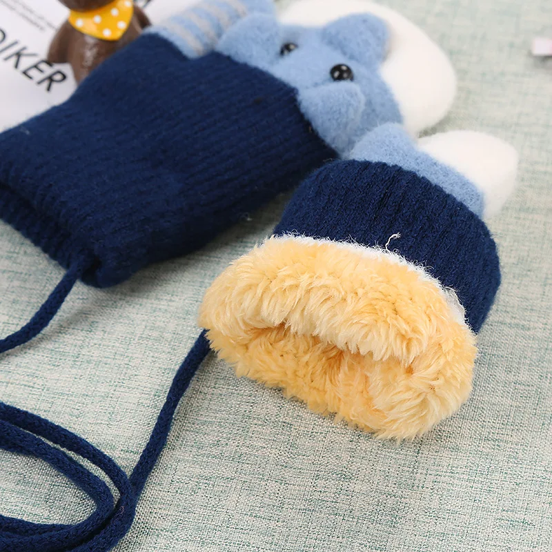 

Winter Children Warm Gloves Boys Girls Knitted Double Layer Plus Velvet Thicken Mittens Cute Cartoon Bear Outdoor Rope Gloves 3T