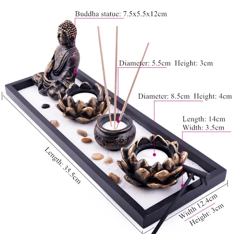 Фэн шуй дзен медитация садовый песок статуя Будды Лотос благовония горелка