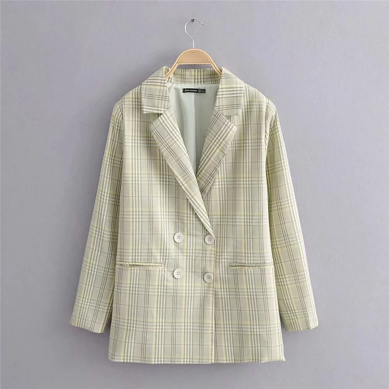 Женский Повседневный свободный блейзер в клетку Чистого Зеленого Цвета весна