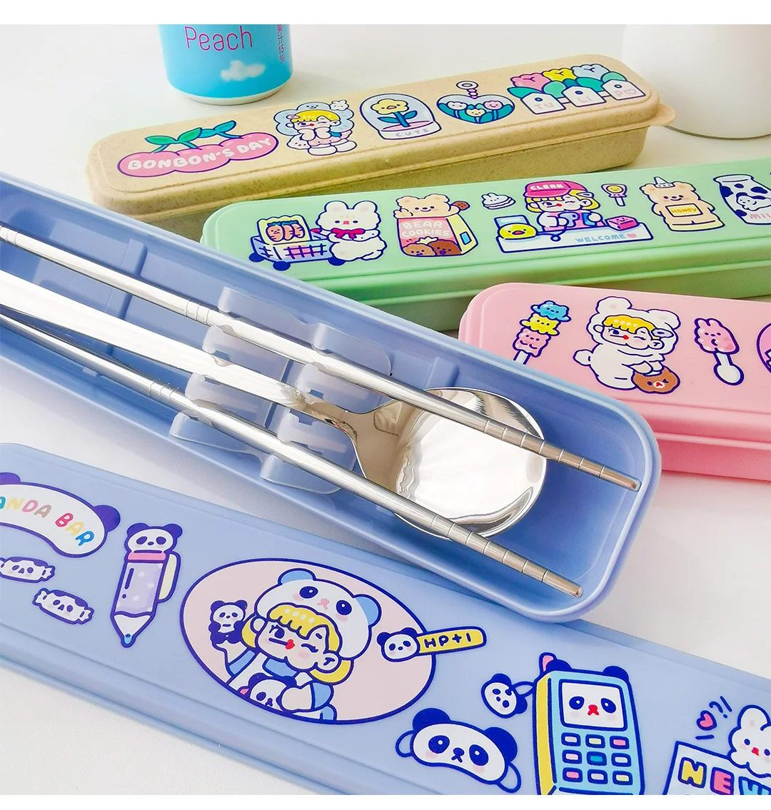 

Milkjoy Cartoon Sweet Girl 304 Stainless Steel Tableware Set Portable Travel Chopsticks Fork