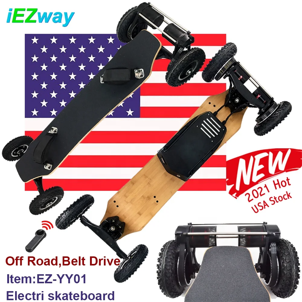 

2021 iEZway Drop Shipping US Warehouse Dual Belt Drive All Terrain 4 wheel Off Road Electronic Skate Board Electric Skateboard