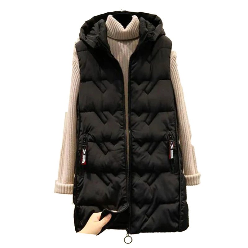 

Plus Size 3XL Hooded Vest Coat Women Down Cotton Long Vest Women Nice Winter Mid-Length Detachable Hat Vest Jacket