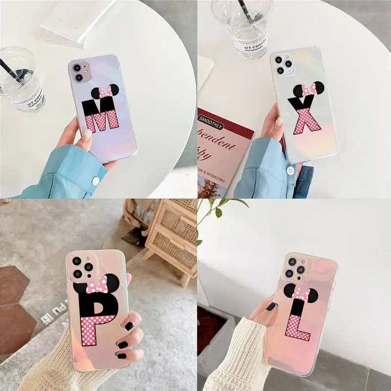 

cute Cartoon mouse bow 26 letters PhoneCase for iPhone xiaomi redmi 7 8 9 11 12 10 S X XS XR MINI Pro Max Plus laser Transparent