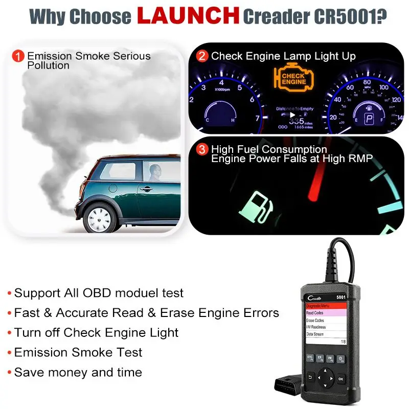 Сканер LAUNCH OBD2 считыватель кодов двигателя OBD OBDII стандарт CR5001 многоязычный