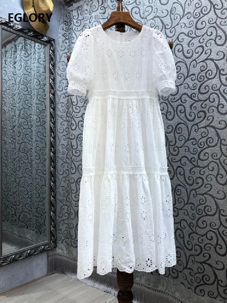 100%Cotton Embroidery Dress 2021 Summer Style Women O-Neck Hollow Out Flower Patterns Short Sleeve Mid-Calf Casual White Dress