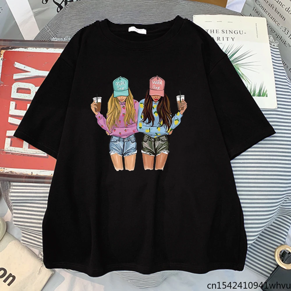 

Bff Beautiful Girl Drink Coffee Printing Female T Shirt Creative Retro Breathable Clothes Streetwear Oversize