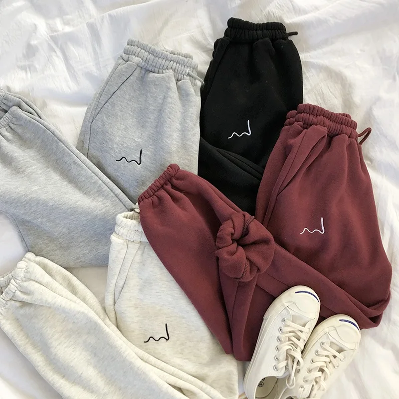 

2021 Spring New Embroidery Elastic High Waist Ladies Trousers Loose Casual Beam Feet Pants Femme Pants Women