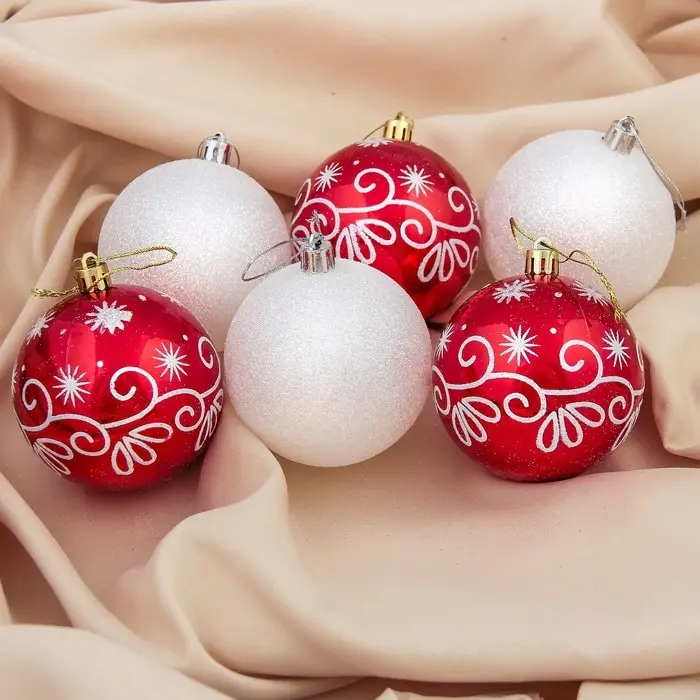 Набор шаров пластик Д-8 см 6 шт Изящный узор красно-белый | Дом и сад