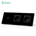 Сенсорный выключатель BSEED, настенный светильник23 клавиши, 1 канал, прозрачное стекло, черный переключатель с европейской двойной розеткой