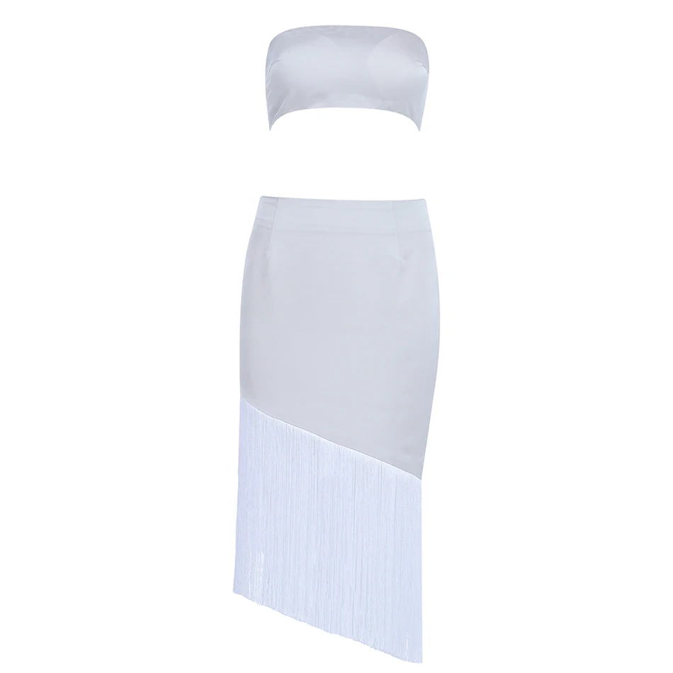 

2021 New Women's Skirt Set Sexy Sleeveless Strapless Short Top High Waist Irregular Tassel Skirt Women's Club Party 2 Piece Set