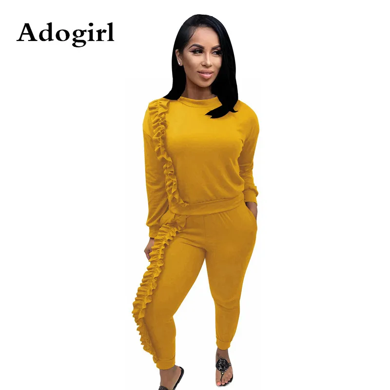 

Осенний Однотонный женский комплект Adogirl из 2 предметов с оборками, свободные толстовки с длинным рукавом и круглым вырезом и спортивная оде...