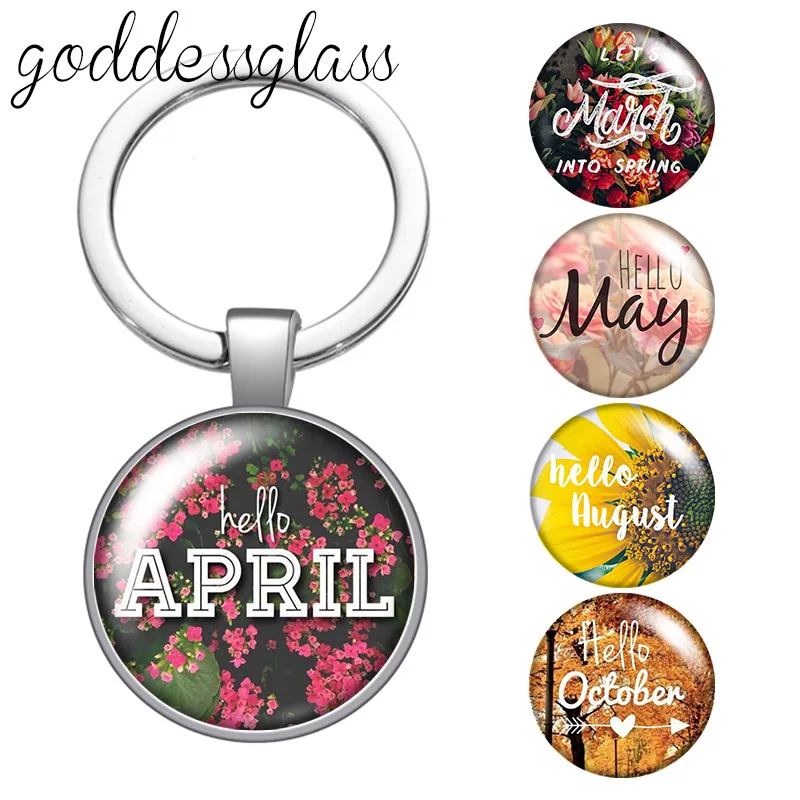 

12 month Beauty images April May June Round glass cabochon keychain Bag Car key chain Ring Holder Charms keychains for gift