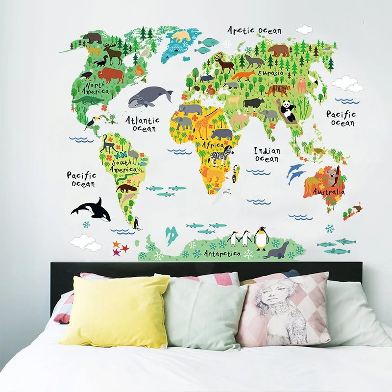 

Cartoon Animals Map Wall Stickers For Kids Room Bedroom Kindergarten Wall Decor Vinyl PVC Wall Decals Art Murals Home Decoration
