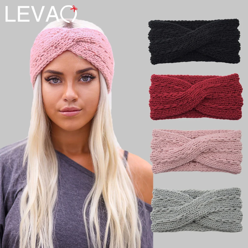 Levao зимняя теплая вязаная повязка на голову с ушками тюрбан для женщин однотонный