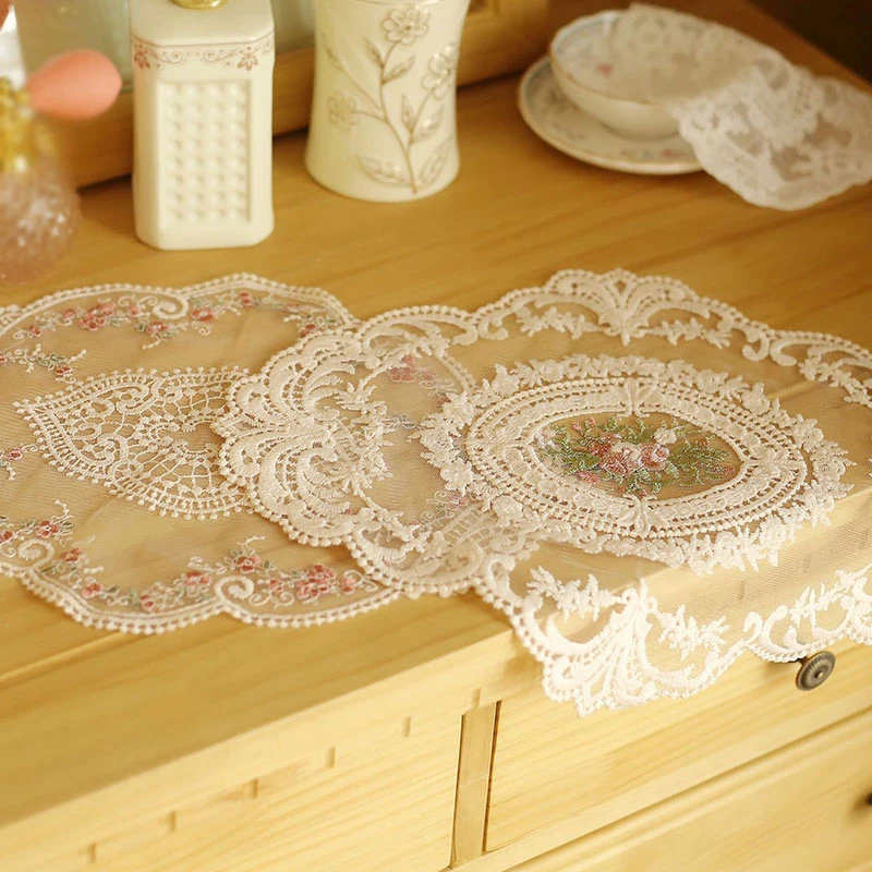 

Lace Fabric Oval Coffee Coaster Placemat Transparent Bedside Table Mat European Kitchen Cover Cloth Simple Tablecloth