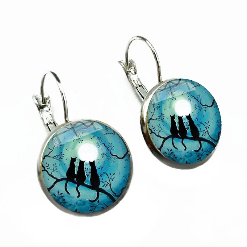 Кошка под синим ночным небом ручной работы Круглый купол стеклянный Серьги