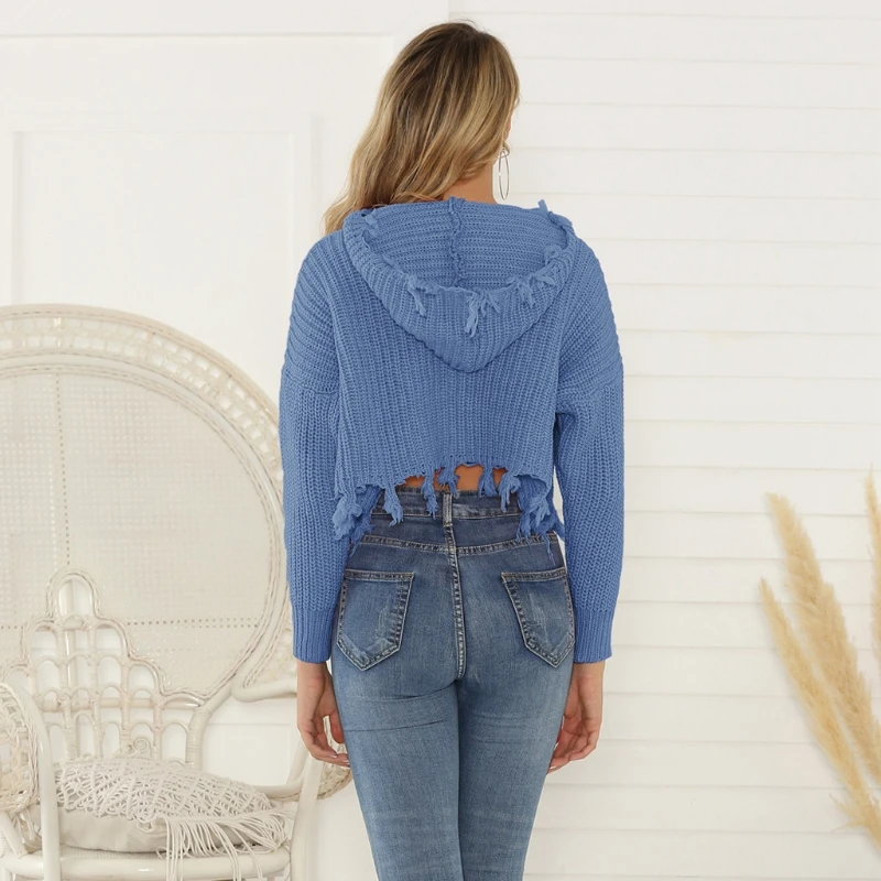 Women Long Sleeve Zipper Cardigan Drawstring Hood Jacket Tassel Solid Sweater
