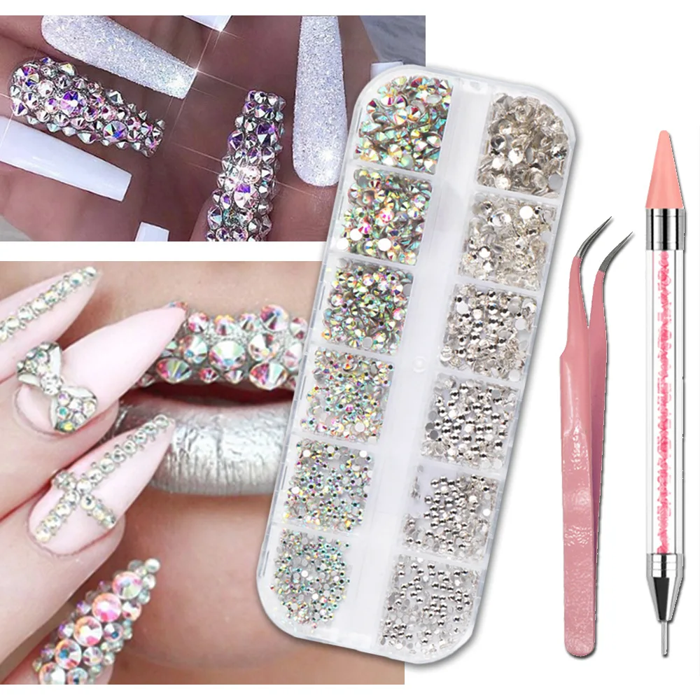 

1Box Multi Size Glass Nail Rhinestones Mixed Colors Flat-back AB Crystal With tools 3D Charm Gems Manicure Nail Art Decorations