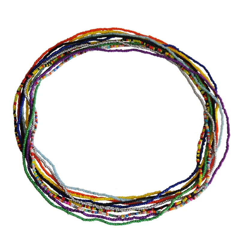 

N58F 10 Pieces Colorful Rice Bead Waist Chain Belly Body Chain Set Elastic Rope Chain