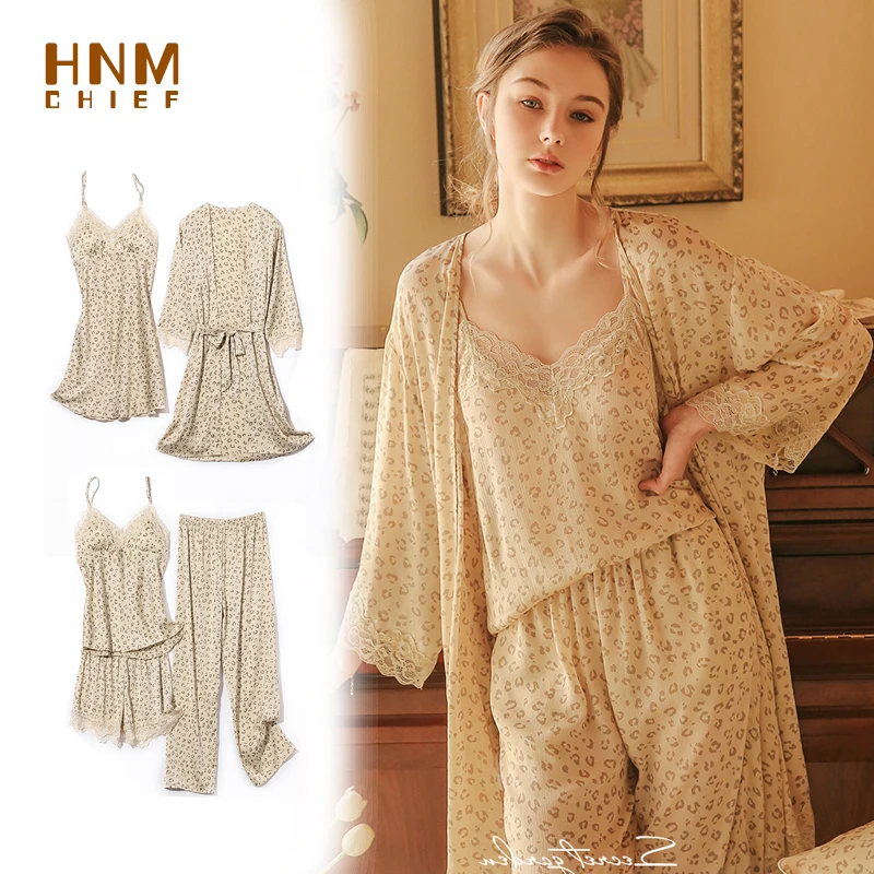 

пижама женская HNMCHIEF с леопардовым принтом шифоновая Пижама комплект из камвольной ткани шелковый халат в стиле пэчворк кружево Шелковый ха...