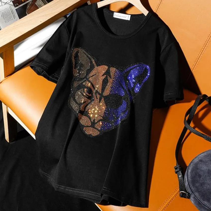 2022 summer leopard hot diamonds short-sleeved t-shirt women new loose