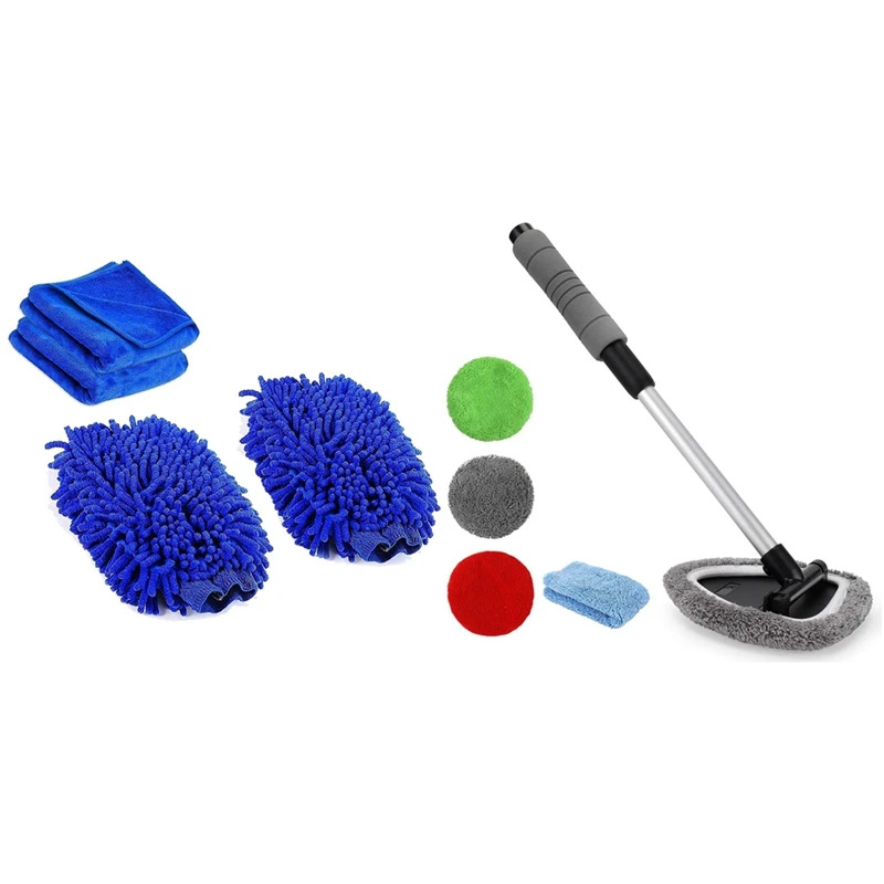 

2 Pack Wash Gloves with 2Pcs Cleaning Cloth & 1set Microfiber Car Interior Window Cleaner with Extendable Handle