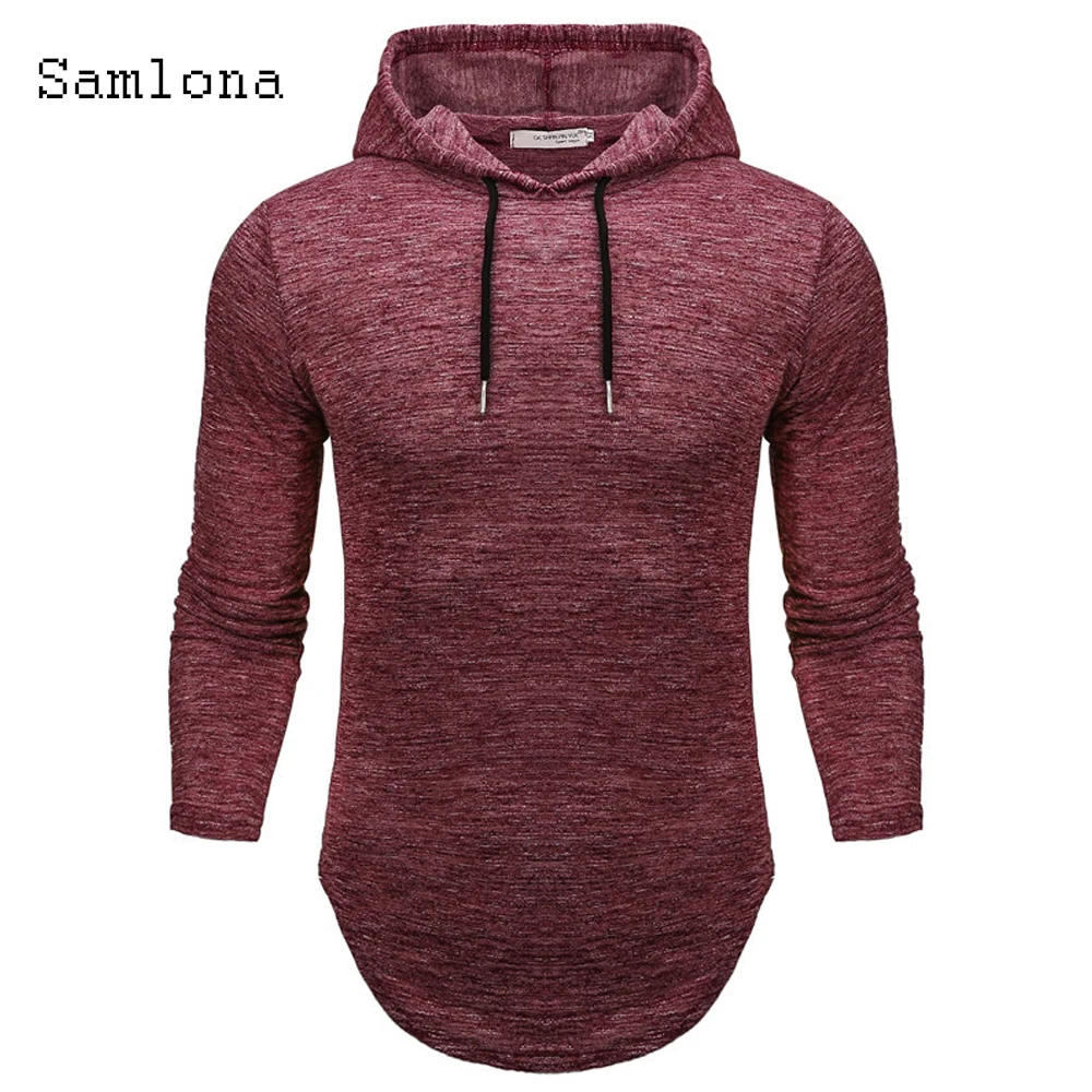 

Samlona 2020 модная толстовка с длинными рукавами, футболка, Мужская одежда, Осенний однотонный Повседневный Топ с капюшоном, пуловеры, тонкая му...