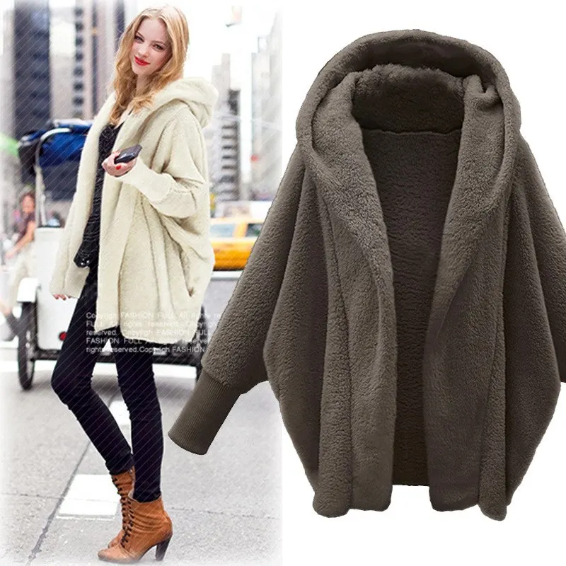 2021 Plus Size Fashion Casual Loose Solid Full Sleeve Hooded Plush Coat For Women Large Outwear Autumn Winter Coats Vestido