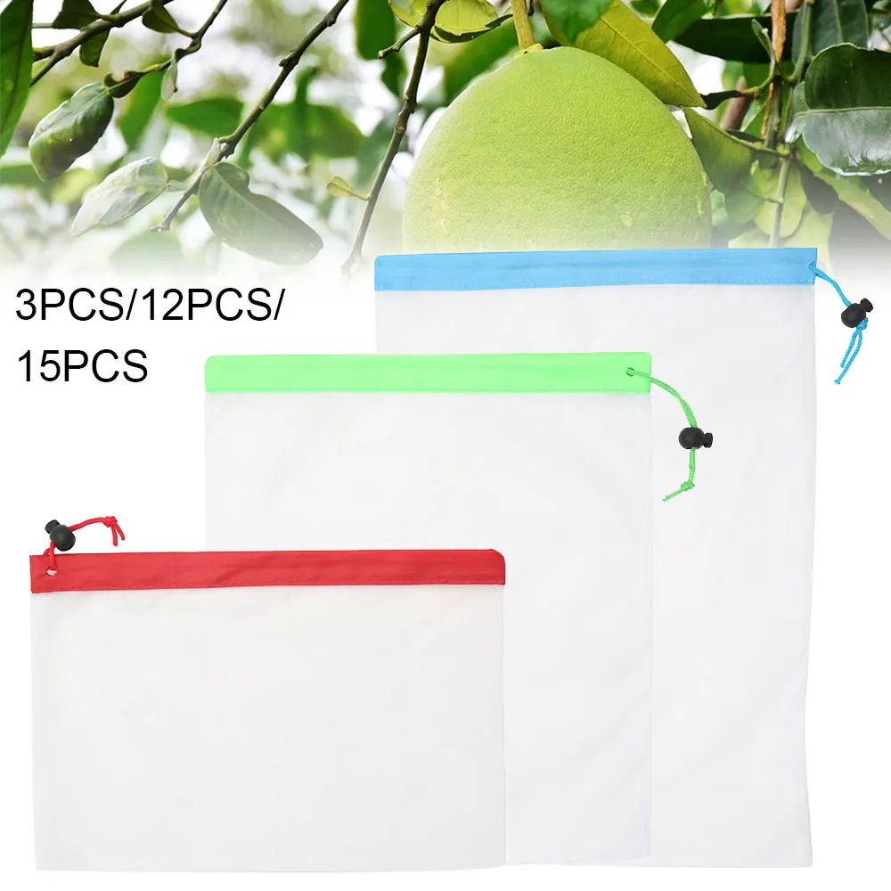 

3/12/15pcs 3 Sizes Reusable Mesh Produce Bag Washable Eco-Friendly Bags for Grocery Bag Holder Fruit Vegetable Organizer Pouch