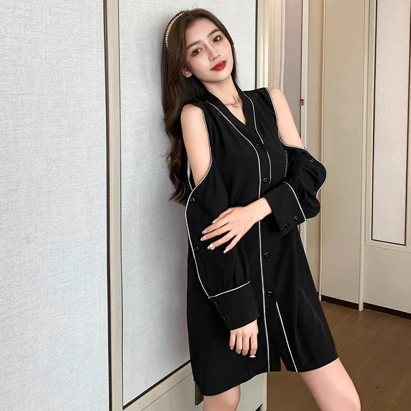 Shirt Nightdress Women's Sexy Nightgown Spring Autumn Long Sleeve Button Loose Cardigan Off Shoulder Housewear Lady Sleepwear