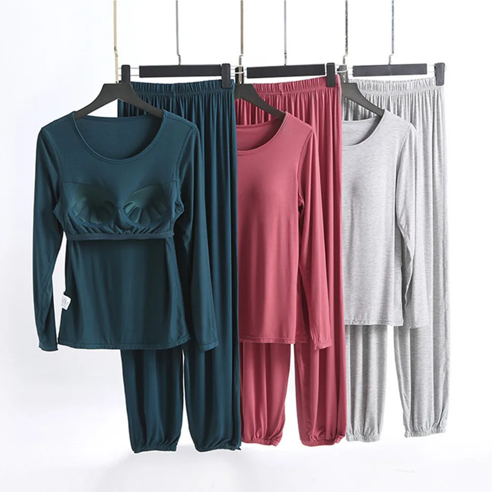 

Two Piece Set Sleeping Suit Women 2021 Autumn Winter New Long-Sleeved +Long Pants Home Suits Modal Pajamas For Women With Cups